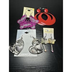 NEW Lot of 4 Vintage Dangling Earrings Butterfly, Heart, Hoop